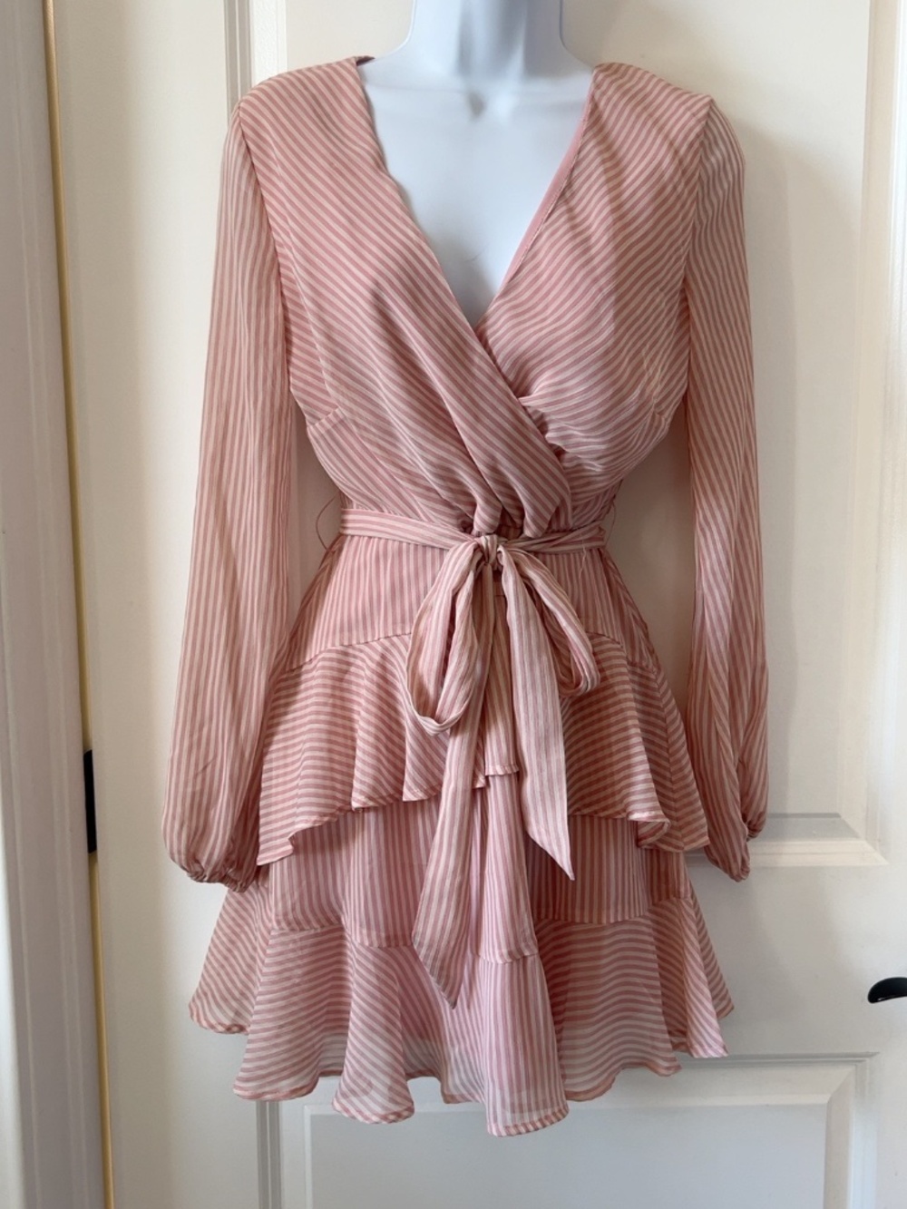 Fourteenth Place Pink Striped Ruffle Mini Dress Small Petite NWT